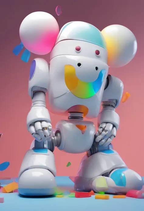 A big kaws robot that lights up between it parts. The picture looks like a product picture in front of a blue seamless backdrope in a photography studio. Soft light high contrast studio fashion. It looks like a high end fashion glass statue