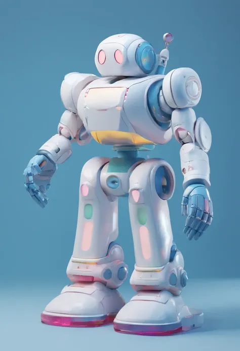 A big kaws robot that lights up between it parts. The picture looks like a product picture in front of a blue seamless backdrope in a photography studio. Soft light high contrast studio fashion. It looks like a high end fashion glass statue