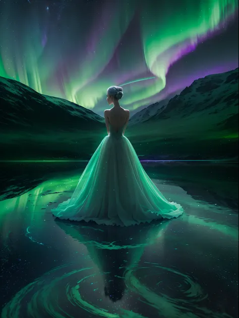 （back of a ballet girl dancing under the northern lights）,wear a long white ballet dress with many layers of yarn，（girl back），（t...