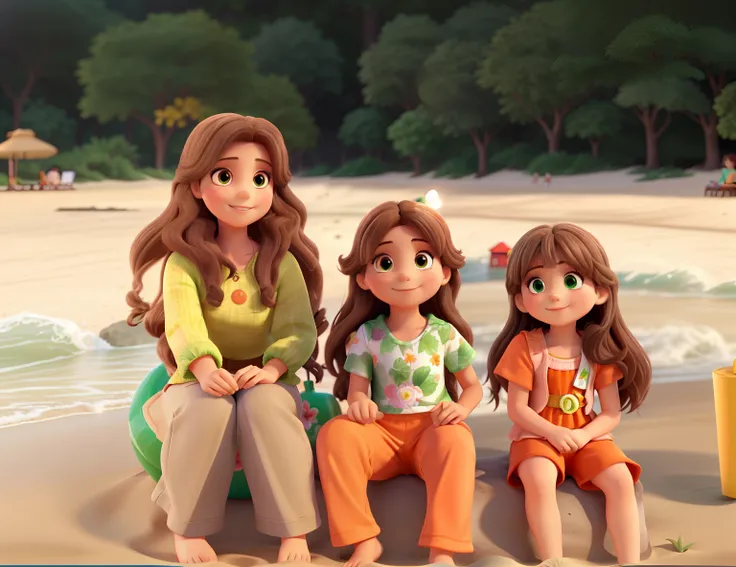 A wise woman with light brown hair dressed in green with brown eyes, A child girl with light brown hair dressed in a colorful swimsuit, A child girl with light brown hair wearing an orange swimsuit, Sitting on the sand of the beach in front of there are so...