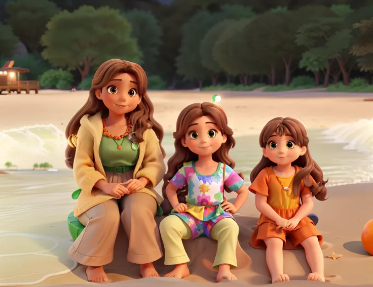 A wise woman with light brown hair dressed in green with brown eyes, A child girl with light brown hair dressed in a colorful swimsuit, A child girl with light brown hair wearing an orange swimsuit, Sitting on the sand of the beach in front of there are so...