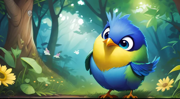 a blue, green and yellow bird with big eyes, in a magical forest, illustration for a childrens book