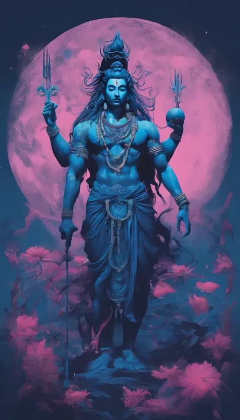 Blue skin，dreadlock hair，Male Lord Shiva，slender，pink there，a moon，florals，natta，chii，