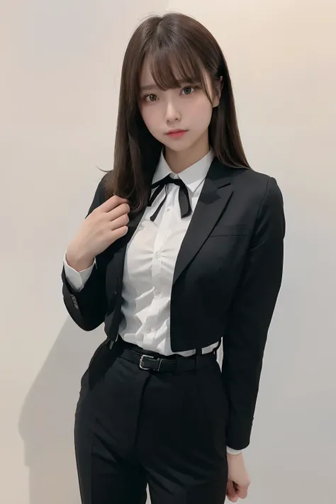 ​masterpiece、flat-colors、depth of fields、lens flare 1 girl、、Brown hair、watching at viewers　　　　a belt　black suspenders　Social OL　　　huge-breasted　　　 　 Armpit sweat　perspiring　Side of both hands　　walls: Black Suit　Black pants, Black jacket holster　arm　Leg hol...