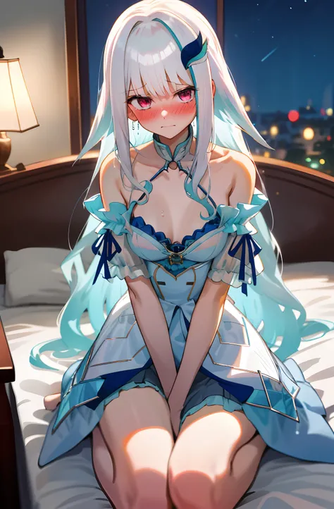 One girl with long wavy hair, white hair, looking at viewer, embarrassed, blushing, tears, indoor , bare shoulders, gown, bra, naked, perfect waist, thigh, bed, hip high skirt, sit on, spread legs, night atmosphere, kneeling pose, hair ornament