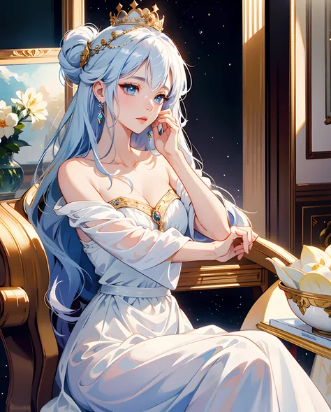 There is a woman in a white dress with a crown on her head, a beautiful fantasy queen, ((beautiful fantasy queen)), a portrait of a princess, a work of art in the Guvez style. 5D CGI anime fantasy artwork, 8K high quality detail art