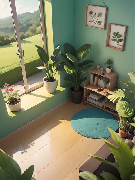 Illustration of double bedroom drawn in cartoon style. Adicionar elementos naturais, Como plantas e flores, E use uma paleta de cores suave para criar uma atmosfera relaxante.