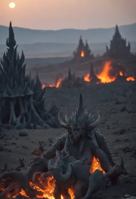 The endless grey desert of hell, spiked hoodos, a group of small horned imps travelling over the horizon. A massive, walled city in the background, blue lava and fire.