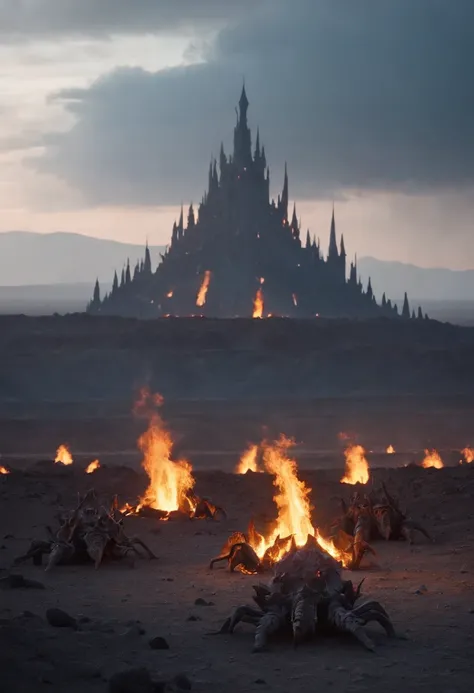 The endless grey desert of hell, spiked hoodos, a group of small horned imps travelling over the horizon. A massive, walled city in the background, blue lava and fire.