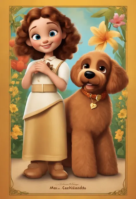 Create a poster inspired by Disney Pixar movies, apresentando um casal acompanhado por uma menina de altura mediana com cabelos castanhos escuros, Full lips and dark eyes and silly face together with brown poodle puppy girl, cachorrinho de pele bem cuidada...