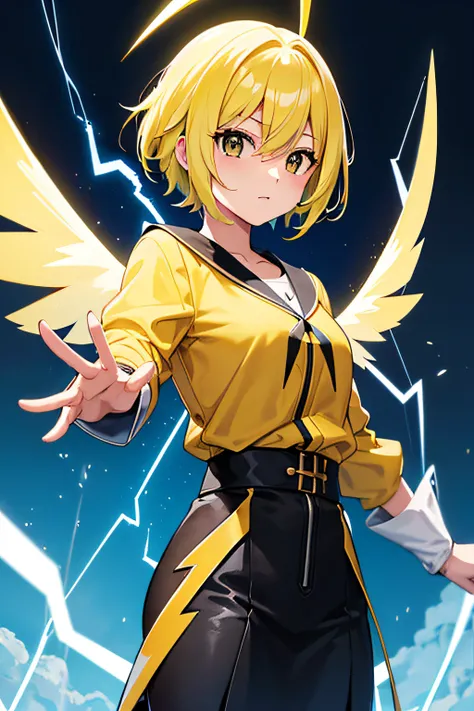 Thunder Cosplay、A pokémon、Beautiful adult woman、hight resolution、top-quality、Delicate hair、Yellow hair、Yellow clothes、Black eyes、Short hair、Jagged hair、lightning bolt、Large wings clothed with lightning、