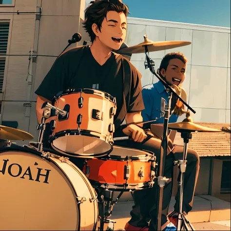 Arafed Man Playing Drums With Children Sitting On The Side Of A Building, tocando bateria, baterista, banda tocando, bateria, jamming to music, Directed by: rocking out, Banda Eloy, Capturado no iPhone, album photo, he is a rockstar