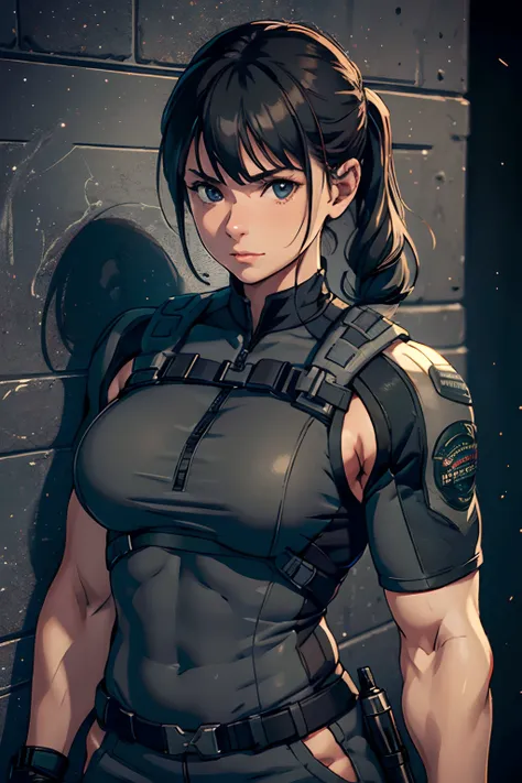 1 girl, solo, 30 year old, chris redfield, caucasian, wearing grey t-shirt, smirks, black color on the shoulder and a bsaa logo ...