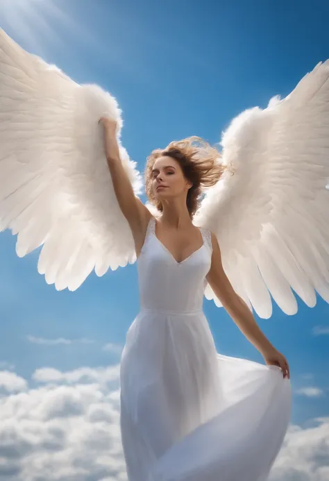 Angel wanting to fly to the sky with beautiful wings spread in a beautiful blue sky, cabelos dos anjo voando soltos ao vento, cabelos dourados, anjo resplandecente, Angel Heading Towards Heaven, imagem hiper realista, qualidade HD, realismo, 10K, Beautiful...