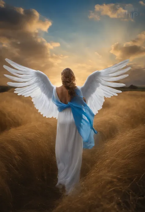 Angel wanting to fly to the sky with beautiful wings spread in a beautiful blue sky, cabelos dos anjo voando soltos ao vento, cabelos dourados, anjo resplandecente, Angel Heading Towards Heaven, imagem hiper realista, qualidade HD, realismo, 10K, Beautiful...