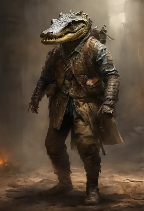 HighestQuali, Dramatic lighting, menacing posture, Fierce expression, Epic atmosphere, (((Helmet with a crocodile head))), (((Full body shot))),Crocodile made of metal, half-mechanical, Cyberpunk Style, Clockwork, ((Intricate details)), hdr, ((Intricate de...