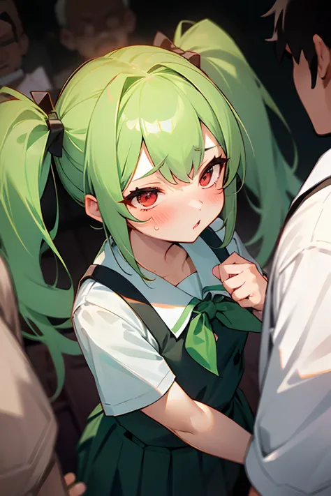 Cute girl,  Green twintail hair, red eyes,molestation,crowd,blush,school uniform,gangbang,2boys