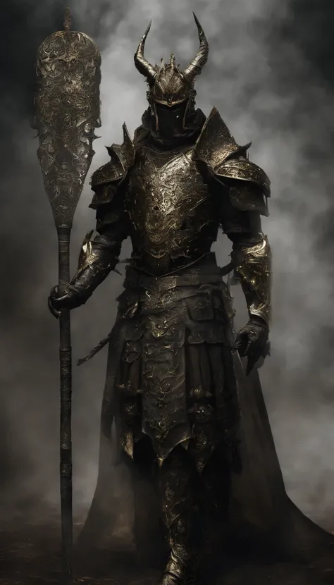 warrior, concept-art,  Fantasy art, battleground background, clean render, a horned, Wear a suit of armor, Detailed bushido form smoke, helmet of a forgotten deity, character is standing, 8k Realistic, in game render, detailed face background detail, Art s...