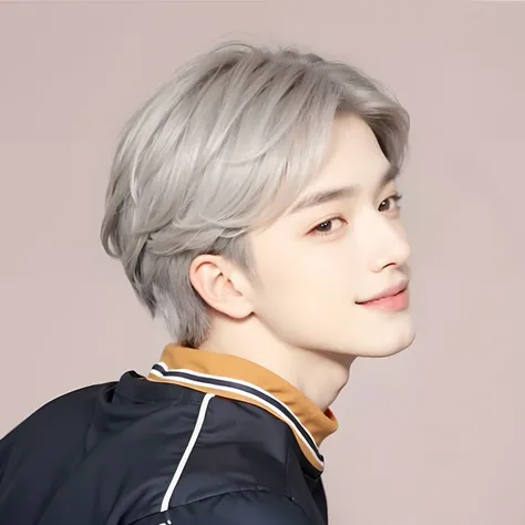 A boy with realistic gray hair, realistic bright gray eyes, realistic Korean handsome face, realistic seductive smiling expression, adapt the exact same t-shirt,Realistic light, realistic shadows, realistic background