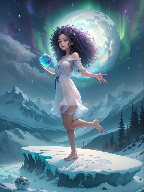 A purple curly girl stands on an ice floating island, Holding a magic ball in both hands, （The magic ball is combined with the Northern Lights in the background sky)，Emits green and purple light. 
The girl wears a white sheer dress, without wearing shoes，B...