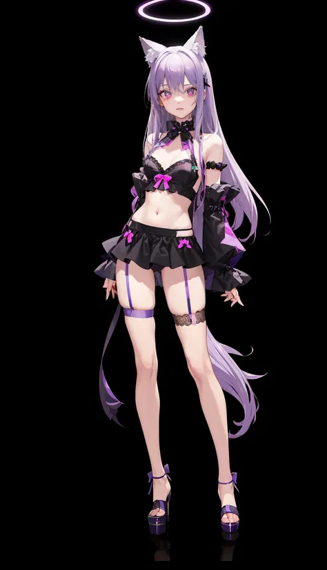 1girl in、Underwear、Cute loli in anime、full body Esbian、Silver-haired loli，Purple mesh hair、length hair，（Twin-tailed），Wolf ears、lip stick，Glossy lips，Neon Luminous Accessories，Neon blue ribbon on the head，Gentle source of light，in ones underwear only，Black-...