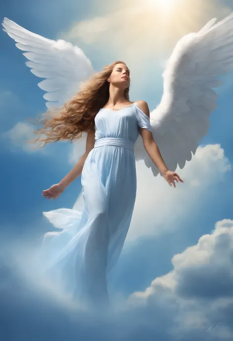 Angel wanting to fly to the sky with beautiful wings spread in a beautiful blue sky, cabelos dos anjo voando soltos ao vento, cabelos dourados, anjo resplandecente, Angel Heading Towards Heaven, imagem hiper realista, qualidade HD, realismo, 10K, Beautiful...