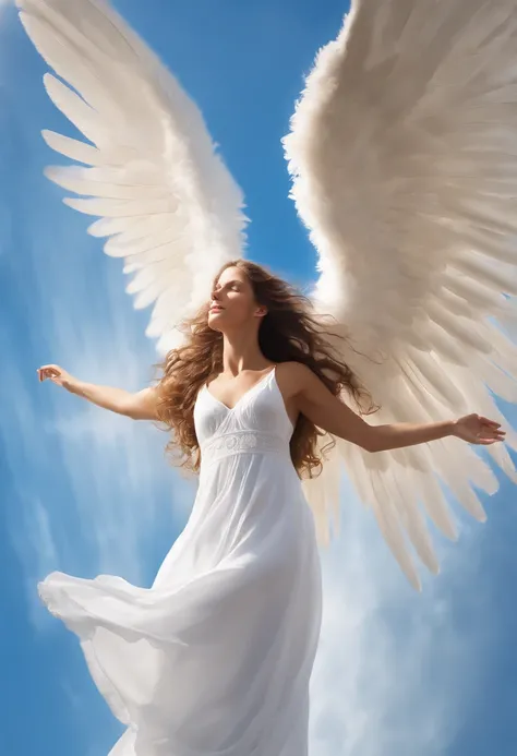 Angel wanting to fly to the sky with beautiful wings spread in a beautiful blue sky, cabelos dos anjo voando soltos ao vento, cabelos dourados, anjo resplandecente, Angel Heading Towards Heaven, imagem hiper realista, qualidade HD, realismo, 10K, Beautiful...