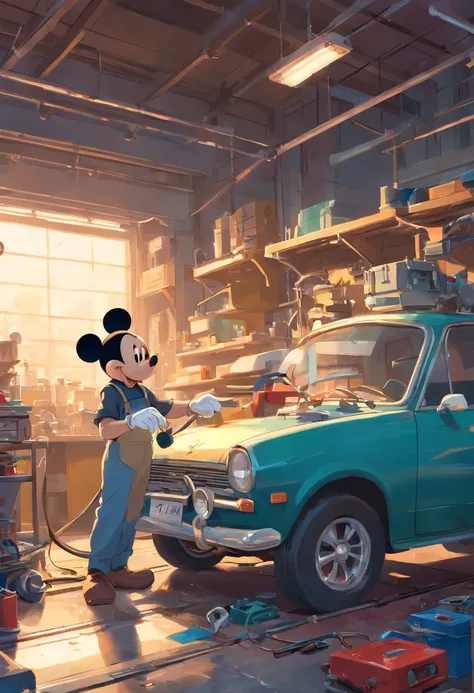 "A masterpiece illustration of Mickey Mouse as a skilled mechanic repairing a car, Featuring perfect body proportions and an impeccably detailed head, in high definition."