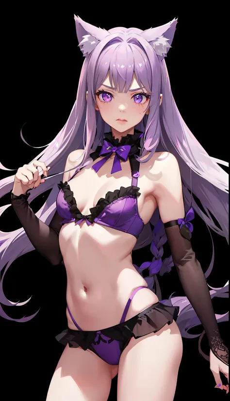 1girl in、Underwear、Cute loli in anime、full bodyesbian、Silver Purple Mesh Hair、length hair，Twin-tailed hairstyle，Wolf ears、lip stick，Glossy lips，Neon Luminous Accessories，Neon Blue Ribbon，Gentle source of light，in ones underwear only，Noble underwear with a ...