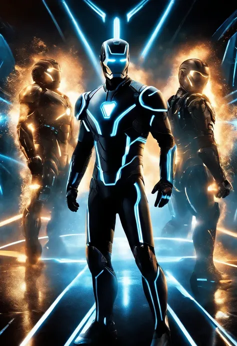 Tron Combined with Ironman, tron legacy, battle scene, fire, explosions, crystal clear image, intricate details, close up, battle scars, black and blue themed