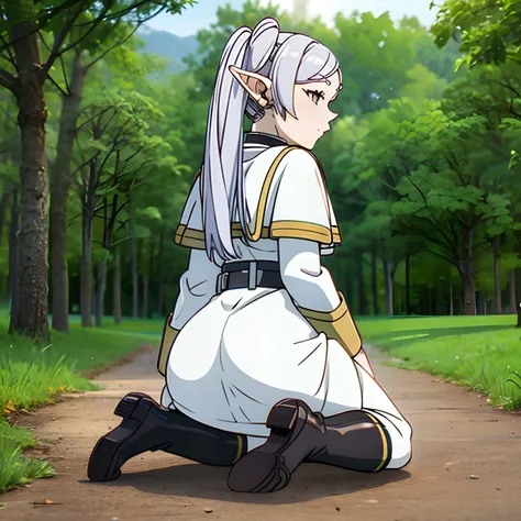 a woman in a dress kneeling on the ground, long hair, blush, bangs, long sleeves, twintails, green eyes, ass, flower, white hair...