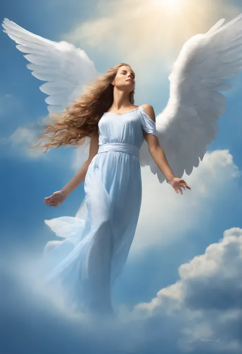 Angel wanting to fly to the sky with beautiful wings spread in a beautiful blue sky, cabelos dos anjo voando soltos ao vento, cabelos dourados, anjo resplandecente, Angel Heading Towards Heaven, imagem hiper realista, qualidade HD, realismo, 10K, Beautiful...