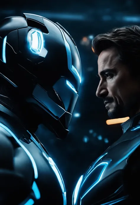 Tron Combined with Ironman, tron legacy, battle scene, fire, explosions, crystal clear image, intricate details, close up, battle scars, black and blue themed