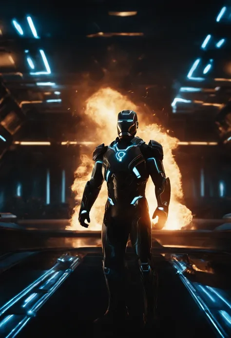 Tron Combined with Ironman, tron legacy, battle scene, fire, explosions, crystal clear image, intricate details, close up, battle scars, black and blue themed