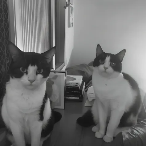 dois gatos sentados em uma mesa ao lado de uma janela, dois gatos, imagem em preto e branco, dois amigos sentados em uma sala, monochrome black and white, adult pair of twins, 📷 Mungojerrie e Rumpleteazer, they are very serious, preto e branco, screaming a...