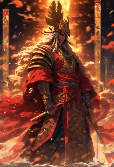 (((Anu))) best quality, ultra-high resolution, CG detalhado 4K, master part, deus sanurai escuro,God of heaven,nuvem, Sumerian clothing, Sumerian mythology, ((standing pose)), Imagem de um samurai dark , aesthetic, centrado na tela, corpo inteiro