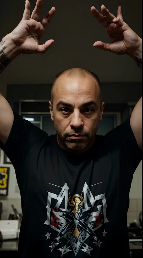 Joe Rogan holding his arms extended straight above his head. His fingers are extended towards the top of the picture. He has an excited look on his face. He is wearing a Metallica shirt