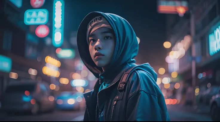 Photograph the Malay teen boy in an urban setting at night, with city lights and neon signs as a backdrop. Use a low-angle shot with a wide-angle lens to capture the urban sprawl. Apply a cool blue color grading to enhance the futuristic and cinematic feel...