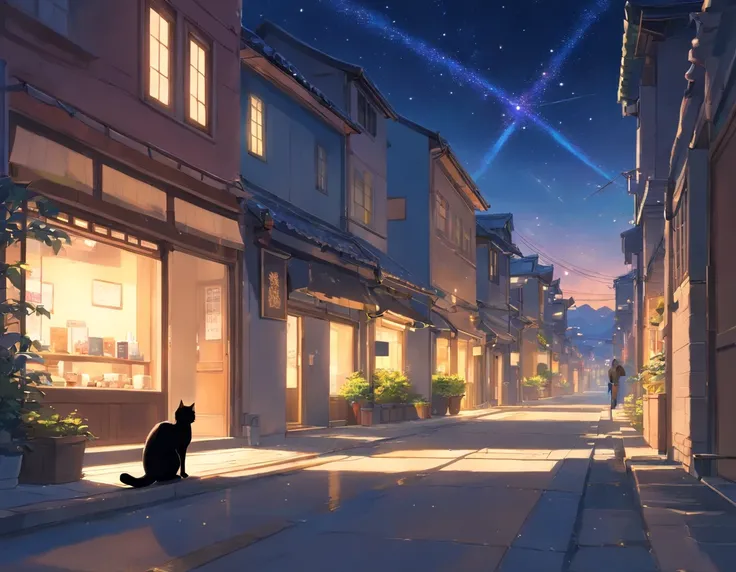 In the foreground、A black cat is depicted as the main character。The black cat is holding a letter。He looks forward、hali々It is depicted that he is walking.、His tail is elongated horizontally。

A dark boulevard is depicted in the background.、The surroundings...