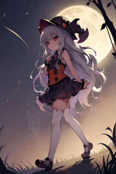 halloween night, little vampire girl walks in the forest