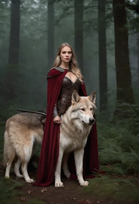 fantasy art, RPG art, Dark fantasy art, ultra wide shot, RAW, photorealistic, a picture of female human ranger and her wolf pet, the ranger, an exquisite beautiful human woman, long blond hair, braided hair, green eyes, wearing leather armor, wearing (red ...