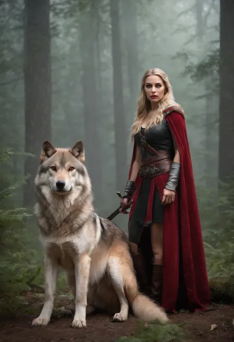 fantasy art, RPG art, Dark fantasy art, ultra wide shot, RAW, photorealistic, a picture of female human ranger and her wolf pet, the ranger, an exquisite beautiful human woman, long blond hair, braided hair, green eyes, wearing leather armor, wearing (red ...