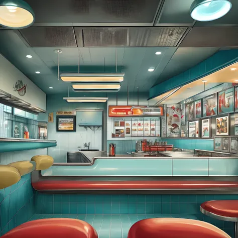 Conceptualize a retro-futuristic diner on a distant planet reminiscent of the 1950s, blending art deco aesthetics with sci-fi elements, and colors of chrome, cherry red, and atomic turquoise.