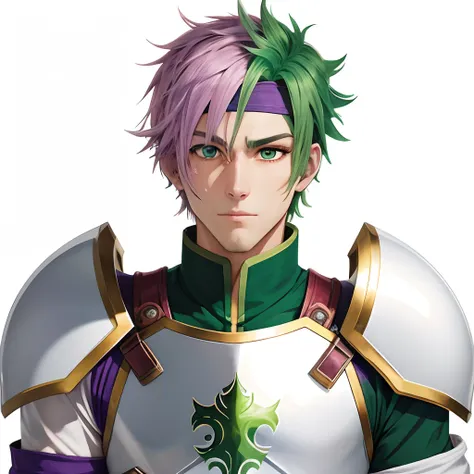 Green hair, male anime character, dressed in white and purple armor, medium hair, headband, from fire emblem game, pink hair, scar on face,