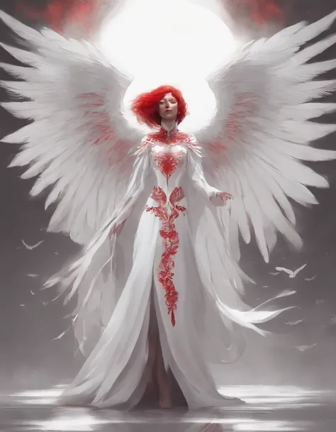 Chanteur dans un demi-masque blanc, Ailes de Big Angel, Robe longue rouge, innocence