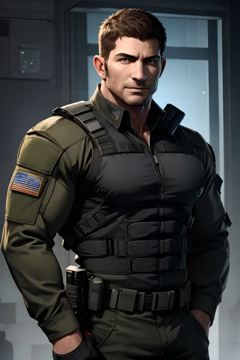 1 man, solo, 50 year old, Chris Redfield, smirks, looking at the camera, black color on the shoulder and a bsaa logo on the shoulder, military tactical suit, long shirt uniform military bulletproof, tall and hunk, biceps, abs, chest, best quality, masterpi...