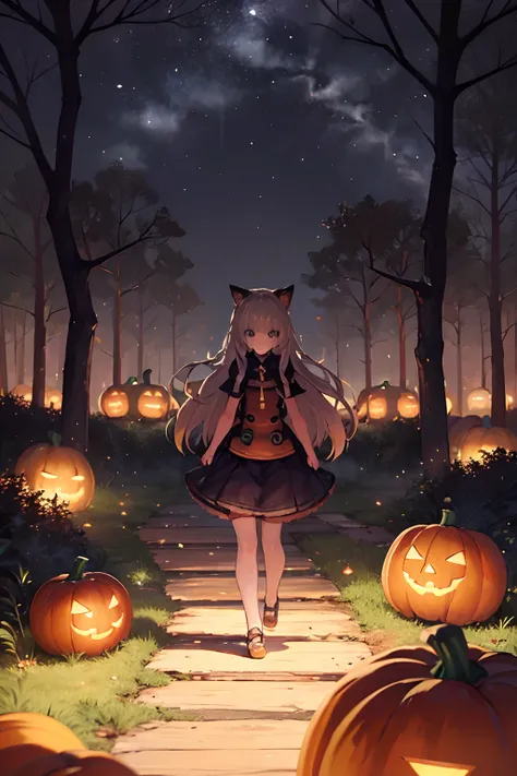 little girl walking in dark forest decorated with pumpkins