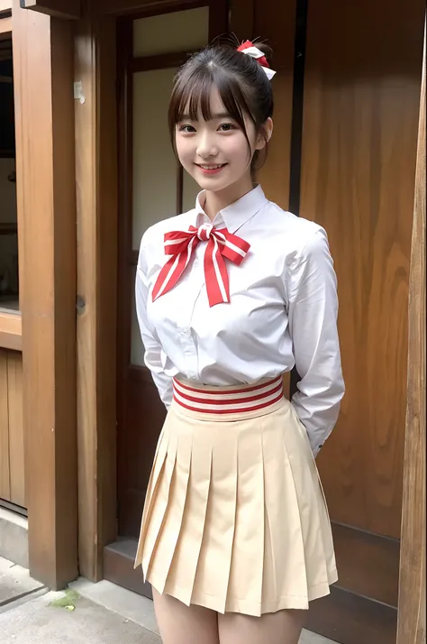 girl standing in old-Japan town,white shirt with red trim,string bow tie,red pleated skirt,red small flower brooch on hair,18-year-old,bangs,a little smiles,thighs,crotch,knees,short cut hair,low ponytail,from below