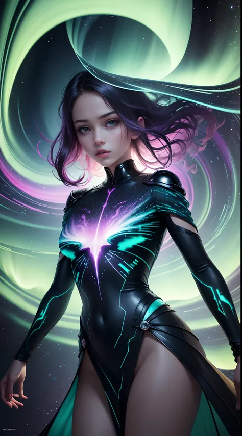 tmasterpiece, 4K, Hyper-Resolution, Optimal image resolution,aurora borealis，This stunning illustration depicts an abstract portrait of a young girl in the Northern Lights, A chaotic storm of aurora erupted in his mind，ModelShoot style，（multiple exposure：1...