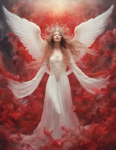 Chanteur dans un demi-masque blanc, Ailes de Big Angel, Robe longue rouge, innocence